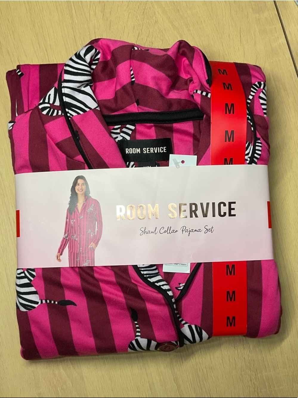 Room Service Pink & Burgundy Zebra Stripe Shawl Collar Pajama Set